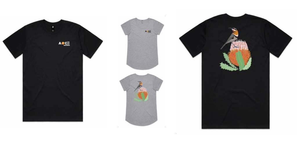 AOC T-shirts in Black and Grey. Artwork by Perth artist Belinda Davis